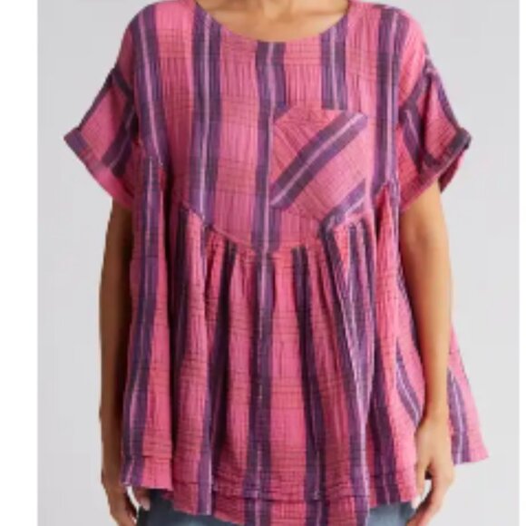 Free People Moon City Plaid Top (Pink and Purple Combo) - Picture 1 of 5